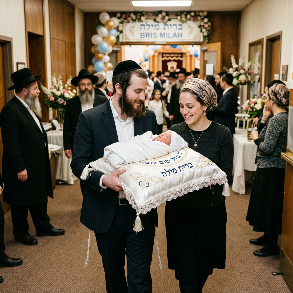 Parents holding newborn baby wrapped in white blanket during Bris Milah ceremony