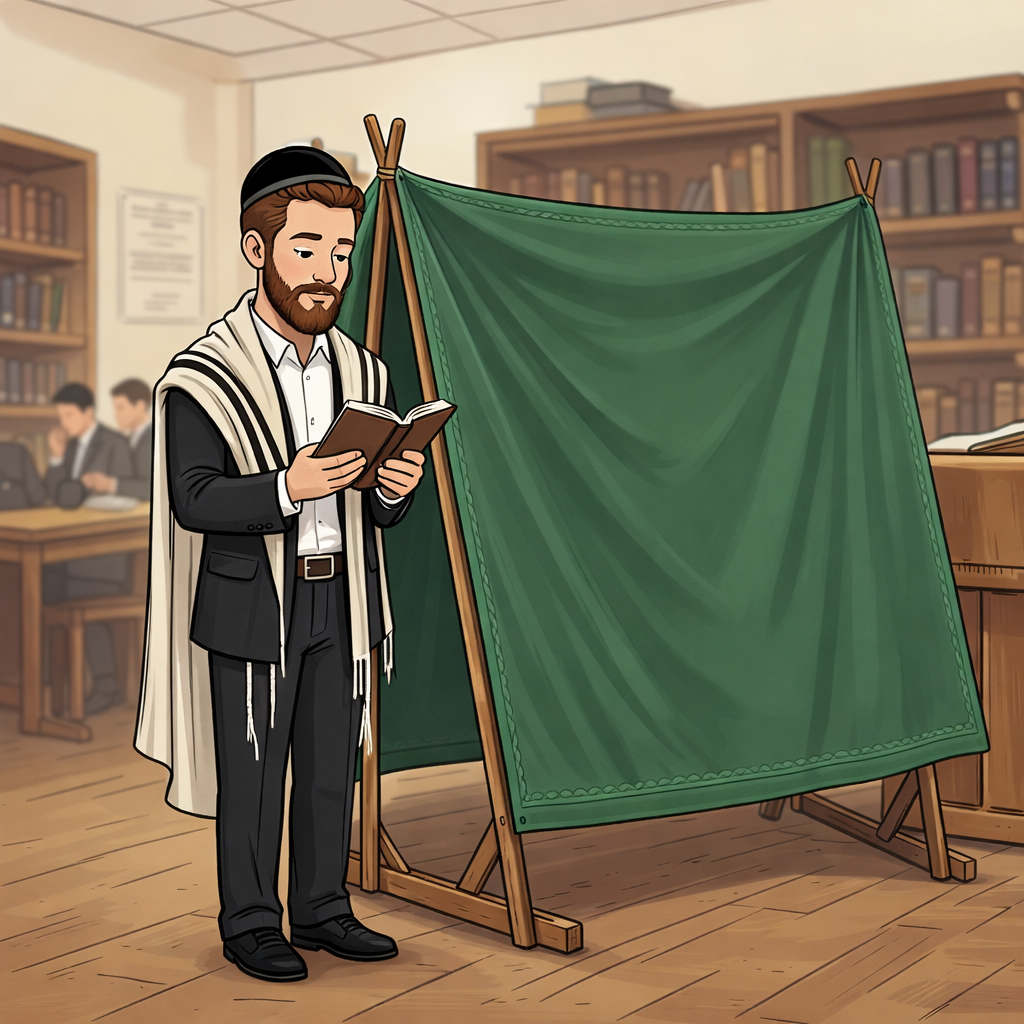 Jewish man wearing tefillin and tallit praying with a book beside a green sukkah booth indoors