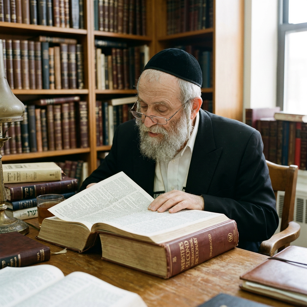 Elderly man with kippah reading a large book in a library
