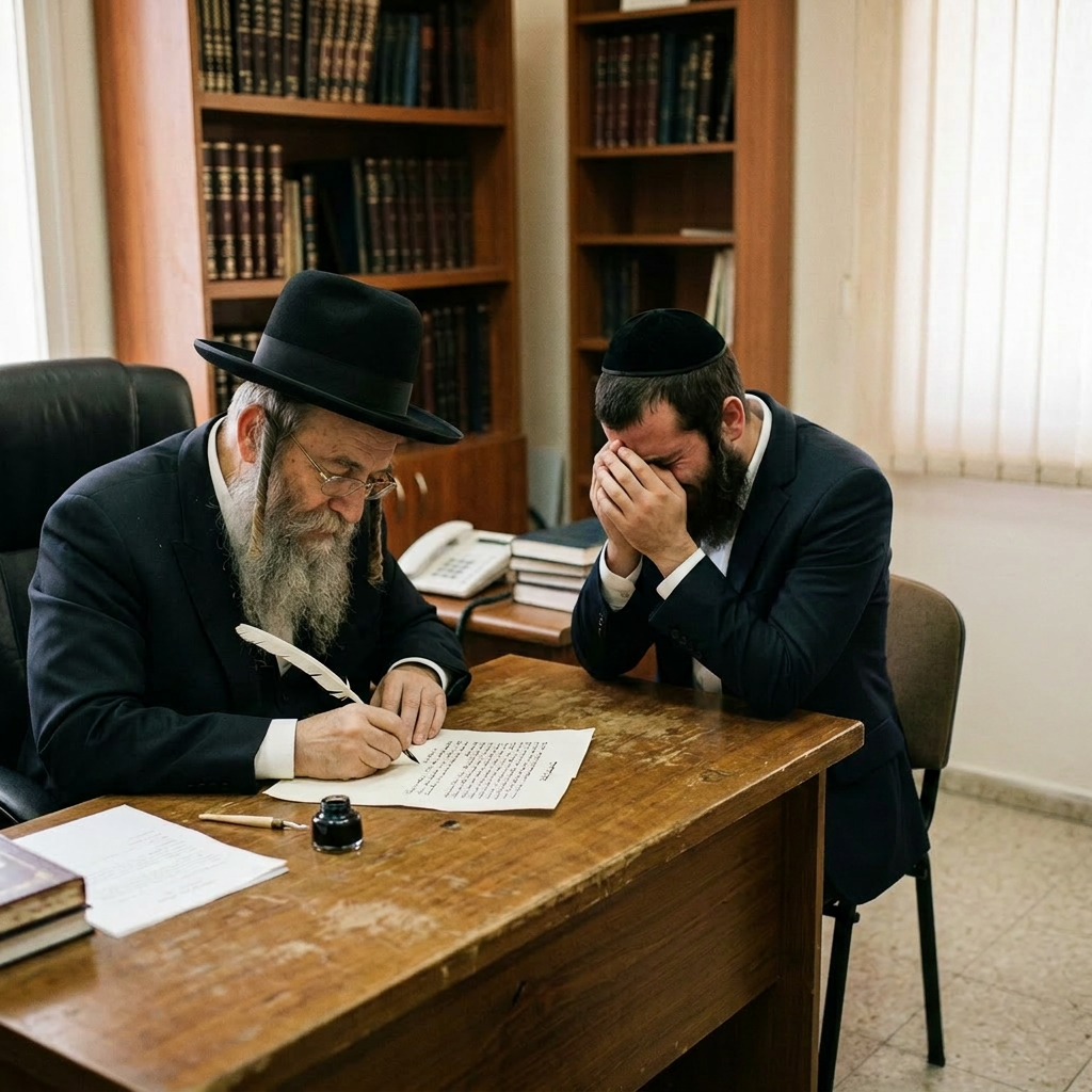 Rabbi writing a ketubah as a bride and groom express strong emotions