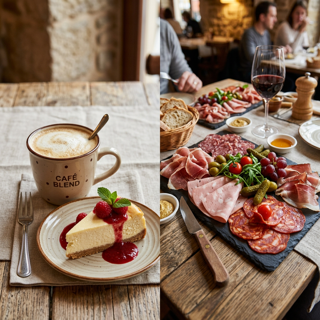 Slice of cheesecake with raspberry sauce and latte alongside a charcuterie board with meats, grapes, pickles, and a glass of red wine