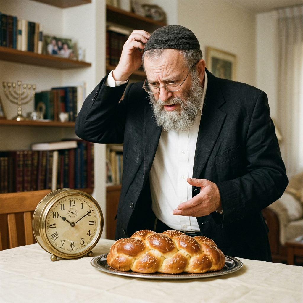 Elderly man in traditional Jewish attire looking confused at challah bread and clock