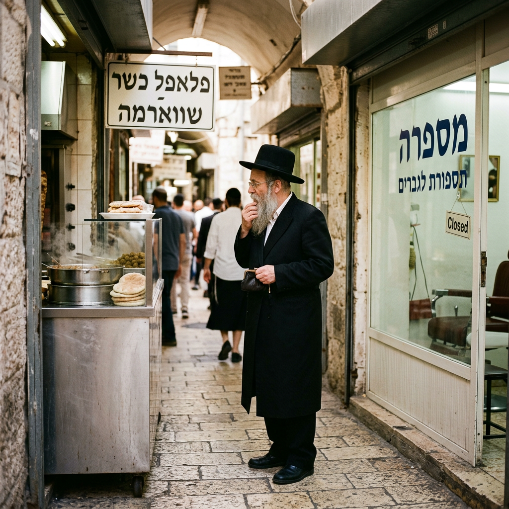 Orthodox Jewish man in black coat and hat standing in market alley near food stall