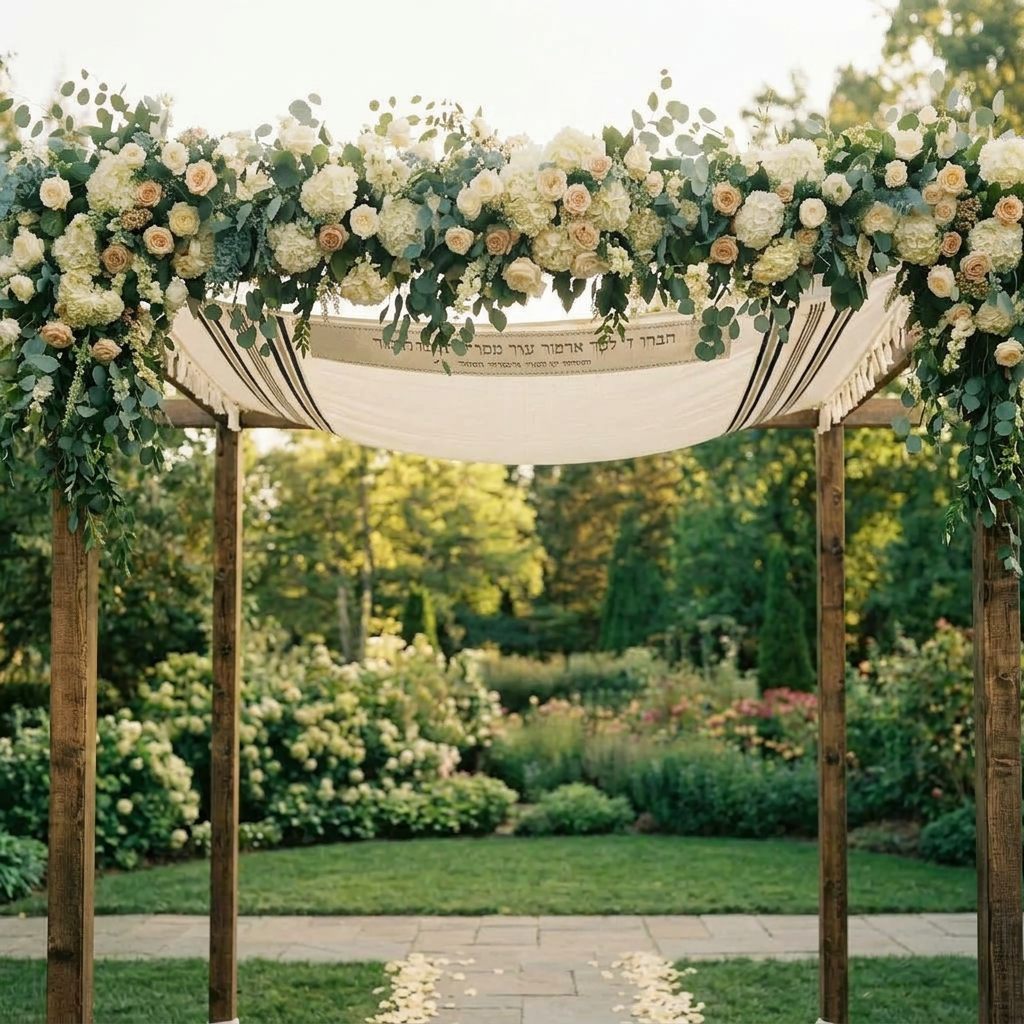 Bride and groom standing under a floral chuppah holding hands during wedding ceremony outdoors