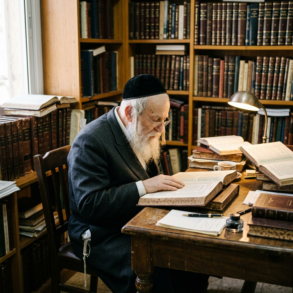 Rabbi studying halacha text Jewish law