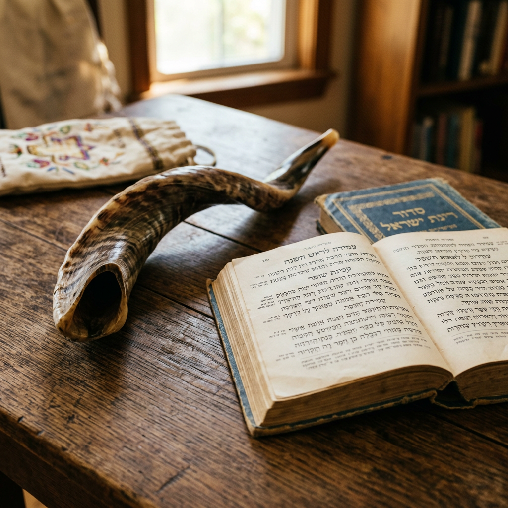 Open Hebrew prayer book beside a shofar on a wooden table
